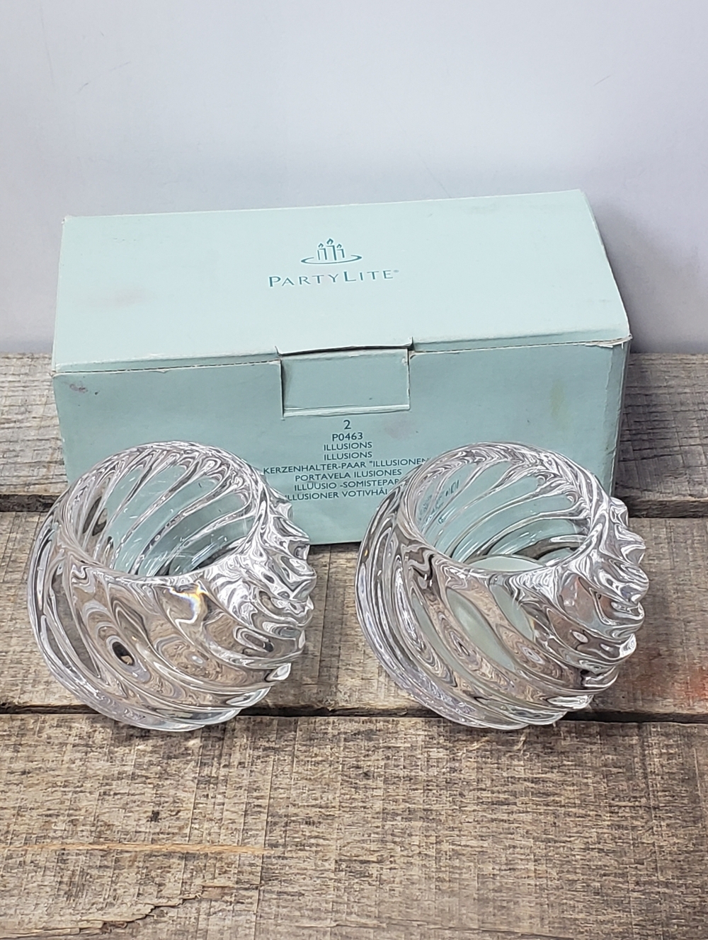 PARTYLITE ILLUSIONS 2 Piece Set Swirl Clear Glass Tea Light Candle Holders